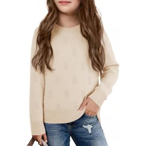 Haloumoning Girls Knit Sweaters Casual Long Sleeve Textured Pullover Tops Kids Loose Fit Comfy Fall Clothes 5-14 Years(Khaki)