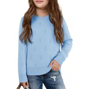 Haloumoning Girls Knit Sweaters Casual Long Sleeve Textured Pullover Tops Kids Loose Fit Comfy Fall Clothes 5-14 Years(Light Blue)