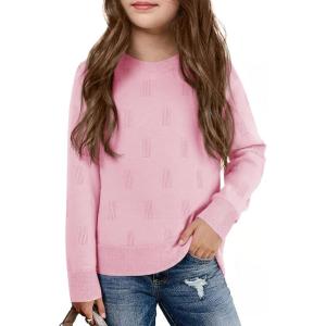 Haloumoning Girls Knit Sweaters Casual Long Sleeve Textured Pullover Tops Kids Loose Fit Comfy Fall Clothes 5-14 Years(Pink)