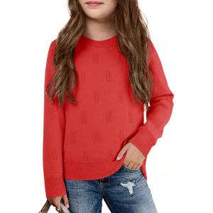 Haloumoning Girls Knit Sweaters Casual Long Sleeve Textured Pullover Tops Kids Loose Fit Comfy Fall Clothes 5-14 Years(Red)