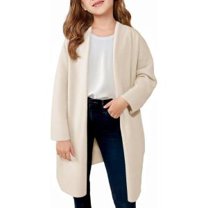Haloumoning Girls Long Cardigan Sweaters Kids Oversized Open Front Knit Outerwear with Pockets 5-14 Years(Beige)