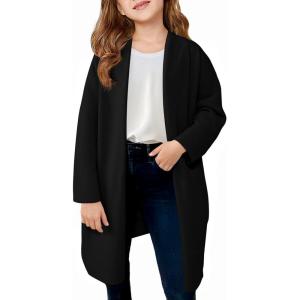 Haloumoning Girls Long Cardigan Sweaters Kids Oversized Open Front Knit Outerwear with Pockets 5-14 Years(Black)