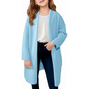 Haloumoning Girls Long Cardigan Sweaters Kids Oversized Open Front Knit Outerwear with Pockets 5-14 Years(Blue)