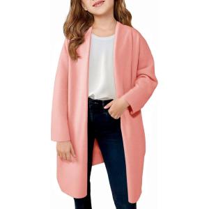 Haloumoning Girls Long Cardigan Sweaters Kids Oversized Open Front Knit Outerwear with Pockets 5-14 Years(Pink)