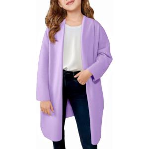 Haloumoning Girls Long Cardigan Sweaters Kids Oversized Open Front Knit Outerwear with Pockets 5-14 Years(Purple)