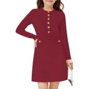 Haloumoning Girls Long Sleeve Sweater Dress Kids Casual Front Button A-Line Knit Fall Dresses 5-14 Years(Wine Red)