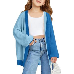Haloumoning Girls Oversized Batwing Sleeve Cardigan Sweaters Kids Fashion Open Front Color Block Outerwear(Blue)