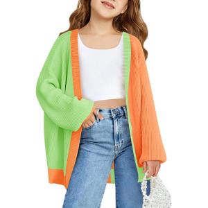 Haloumoning Girls Oversized Batwing Sleeve Cardigan Sweaters Kids Fashion Open Front Color Block Outerwear(Green)