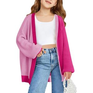 Haloumoning Girls Oversized Batwing Sleeve Cardigan Sweaters Kids Fashion Open Front Color Block Outerwear(Hot Pink)