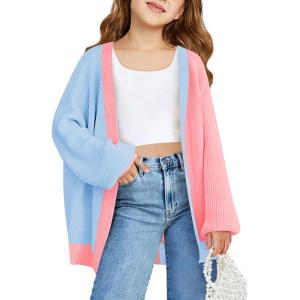 Haloumoning Girls Oversized Batwing Sleeve Cardigan Sweaters Kids Fashion Open Front Color Block Outerwear(Sky Blue)