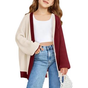 Haloumoning Girls Oversized Batwing Sleeve Cardigan Sweaters Kids Fashion Open Front Color Block Outerwear(Wine Red)