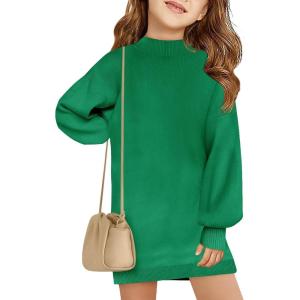 Haloumoning Girls Oversized Sweater Dress Kids Fall Long Lantern Sleeve Ribbed Knit Pullover Dresses(Army Green)