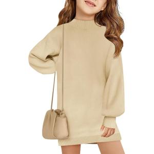 Haloumoning Girls Oversized Sweater Dress Kids Fall Long Lantern Sleeve Ribbed Knit Pullover Dresses(Khaki)