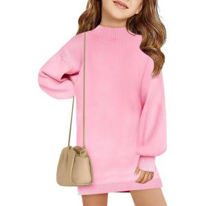 Haloumoning Girls Oversized Sweater Dress Kids Fall Long Lantern Sleeve Ribbed Knit Pullover Dresses(Pink)