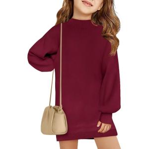 Haloumoning Girls Oversized Sweater Dress Kids Fall Long Lantern Sleeve Ribbed Knit Pullover Dresses(Red)