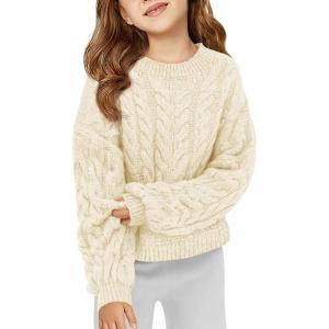 Haloumoning Girls Pullover Sweaters Kids Cute Cable Knit Long Sleeve Crewneck Chunky Jumper Tops 5-14 Years(Beige)