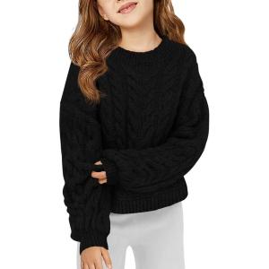 Haloumoning Girls Pullover Sweaters Kids Cute Cable Knit Long Sleeve Crewneck Chunky Jumper Tops 5-14 Years(Black)
