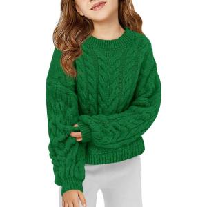 Haloumoning Girls Pullover Sweaters Kids Cute Cable Knit Long Sleeve Crewneck Chunky Jumper Tops 5-14 Years(Green)