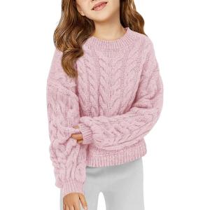 Haloumoning Girls Pullover Sweaters Kids Cute Cable Knit Long Sleeve Crewneck Chunky Jumper Tops 5-14 Years(Pink)
