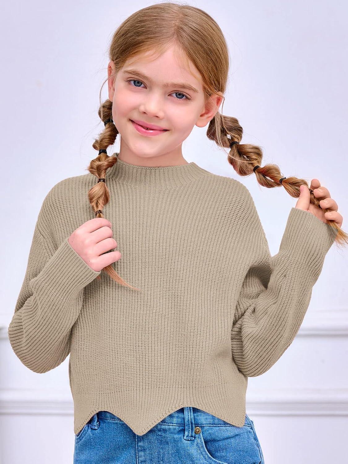 image:imageHaloumoning Girls Mock Neck Sweaters Kids Fall Fashion Long Batwing Sleeve Rib Knit Pullover Clothes 514 YearsKhaki