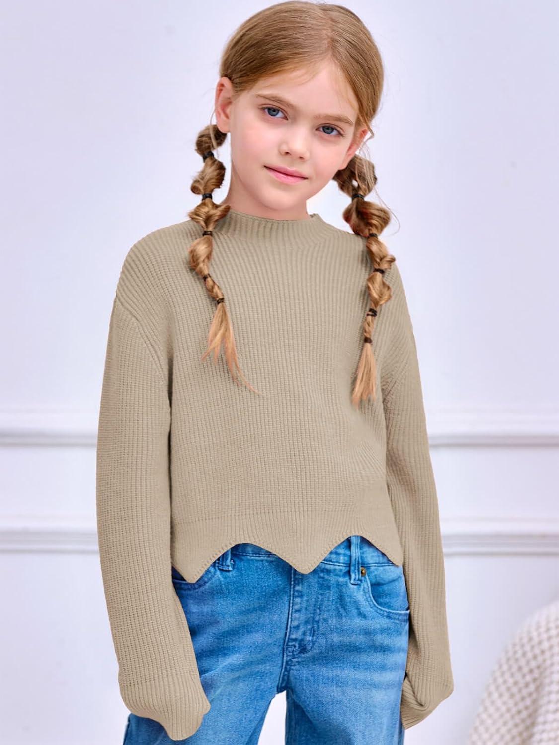 image:imageHaloumoning Girls Mock Neck Sweaters Kids Fall Fashion Long Batwing Sleeve Rib Knit Pullover Clothes 514 YearsKhaki