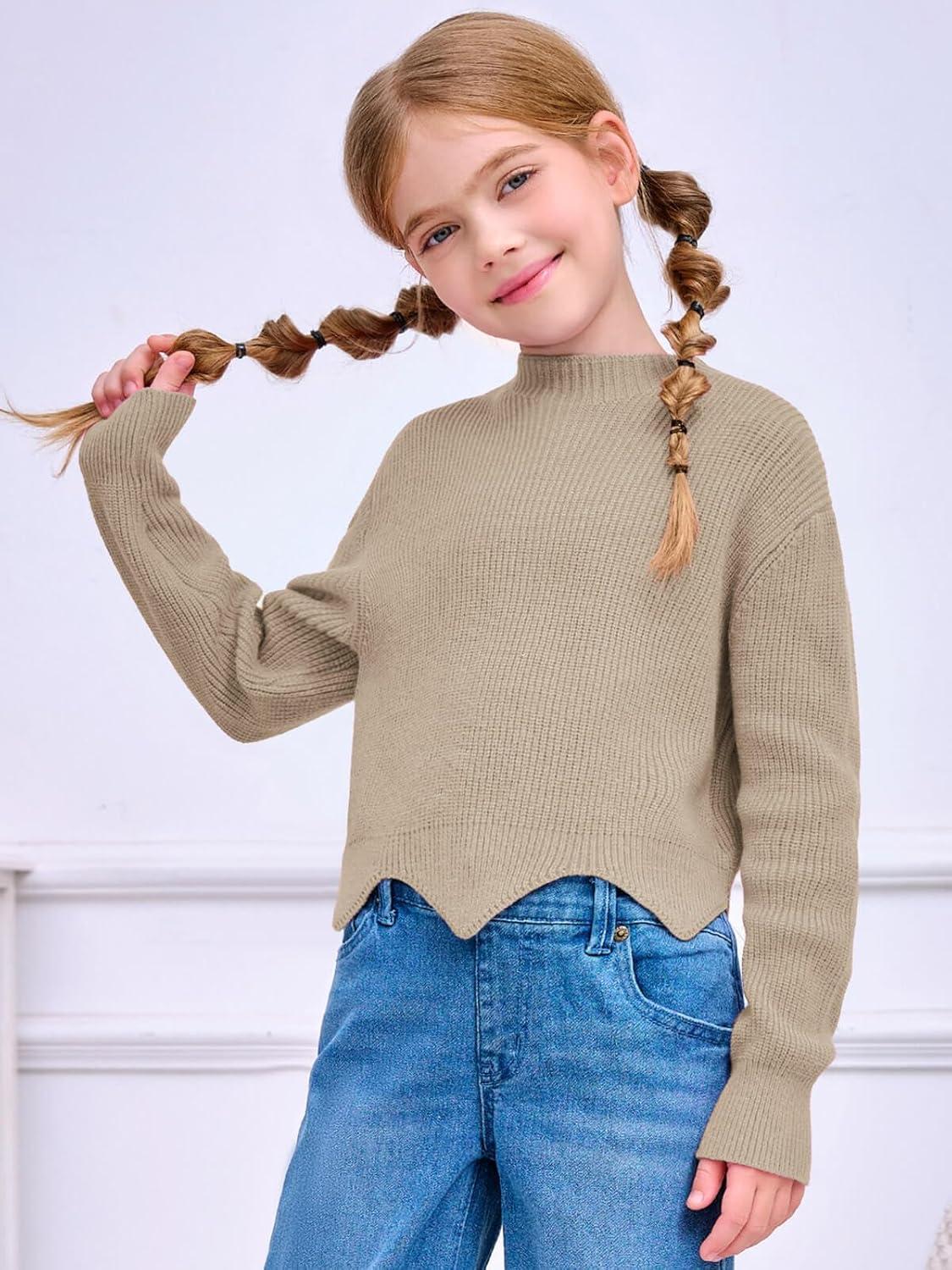 image:imageHaloumoning Girls Mock Neck Sweaters Kids Fall Fashion Long Batwing Sleeve Rib Knit Pullover Clothes 514 YearsKhaki