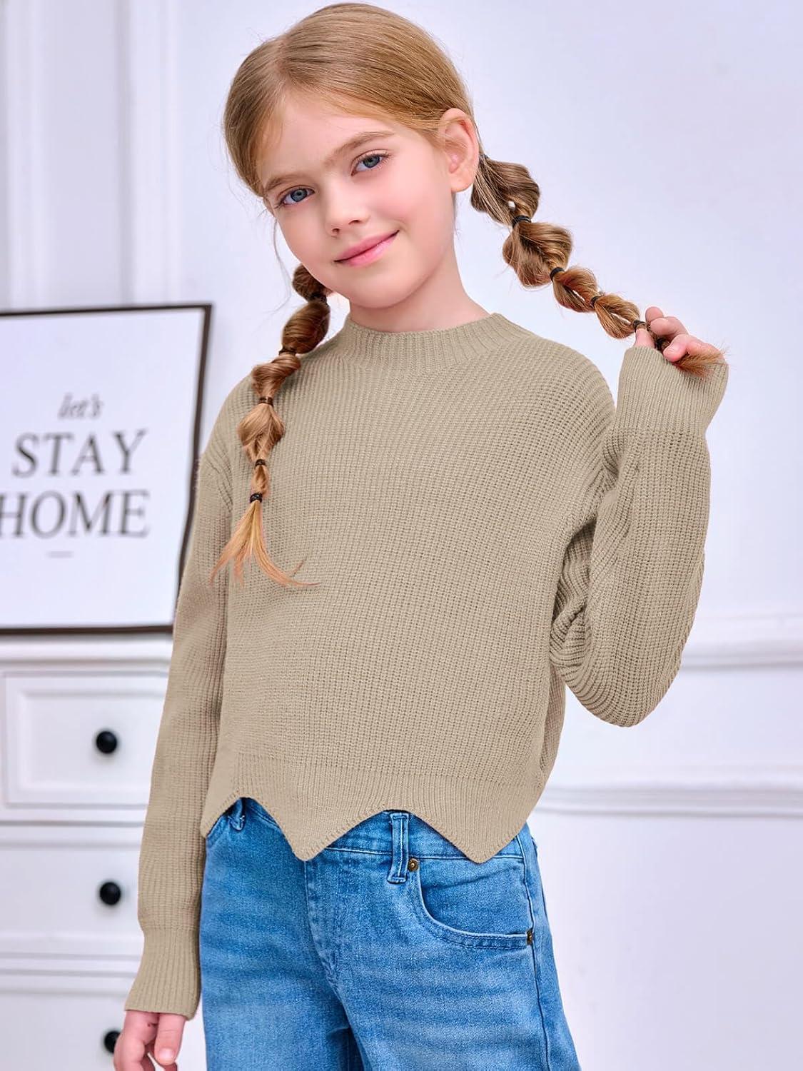 image:imageHaloumoning Girls Mock Neck Sweaters Kids Fall Fashion Long Batwing Sleeve Rib Knit Pullover Clothes 514 YearsKhaki