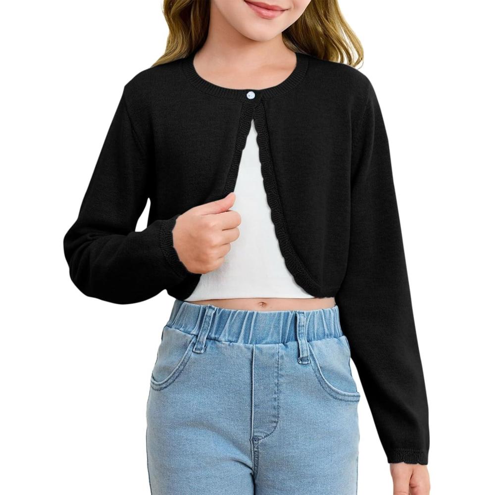 image:imageGirls Long Sleeve Bolero Cardigan Sweater Kids Cute Button Knit Shrug Cropped Sweaters TopsBlack