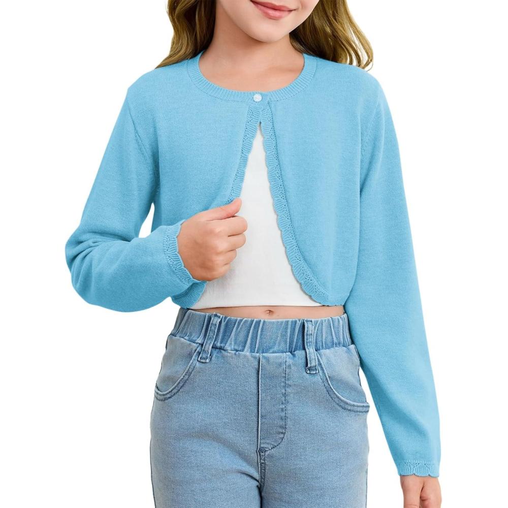 image:imageGirls Long Sleeve Bolero Cardigan Sweater Kids Cute Button Knit Shrug Cropped Sweaters TopsBlue