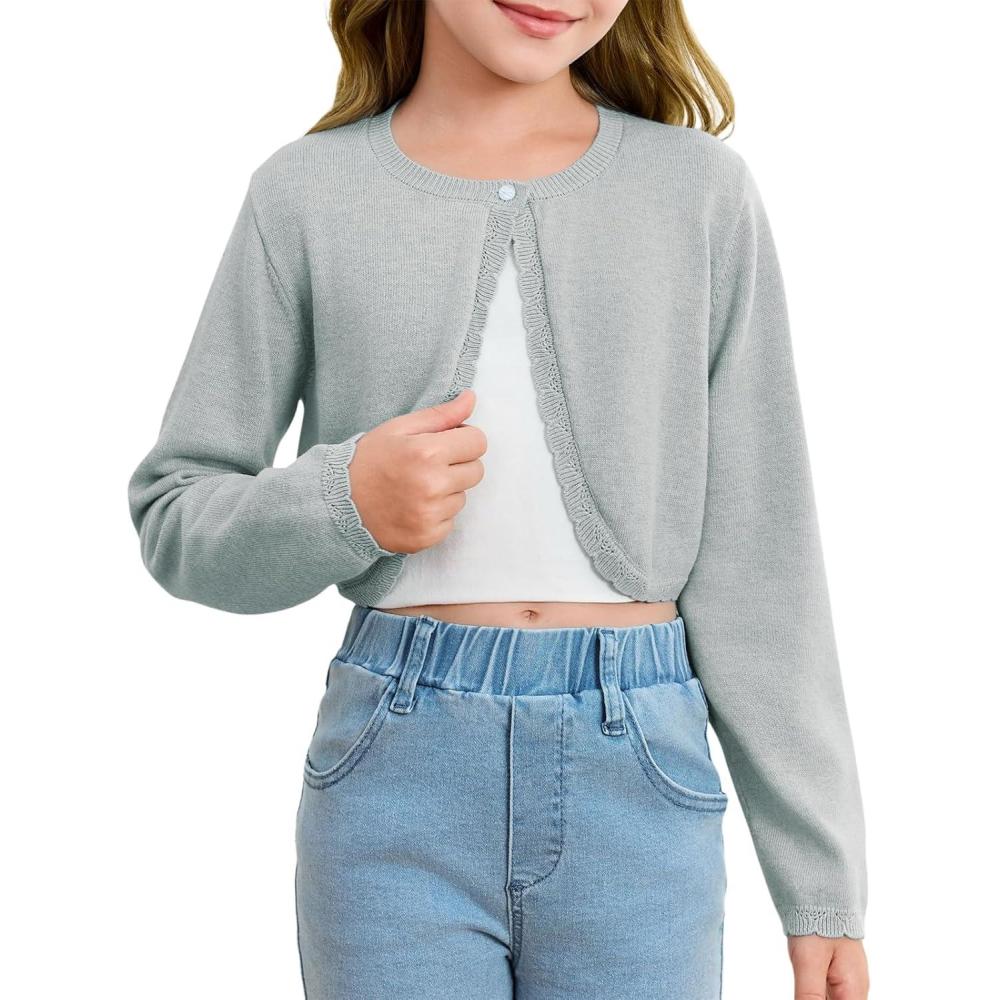 image:imageGirls Long Sleeve Bolero Cardigan Sweater Kids Cute Button Knit Shrug Cropped Sweaters TopsGrey