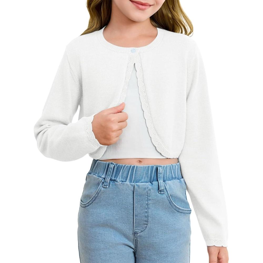 image:imageGirls Long Sleeve Bolero Cardigan Sweater Kids Cute Button Knit Shrug Cropped Sweaters TopsWhite