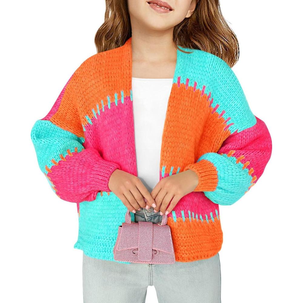 image:imageHaloumoning Girls Color Block Cardigan Sweaters Kids Chunky Open Front Knitted Sweater 514 YearsHot Pink