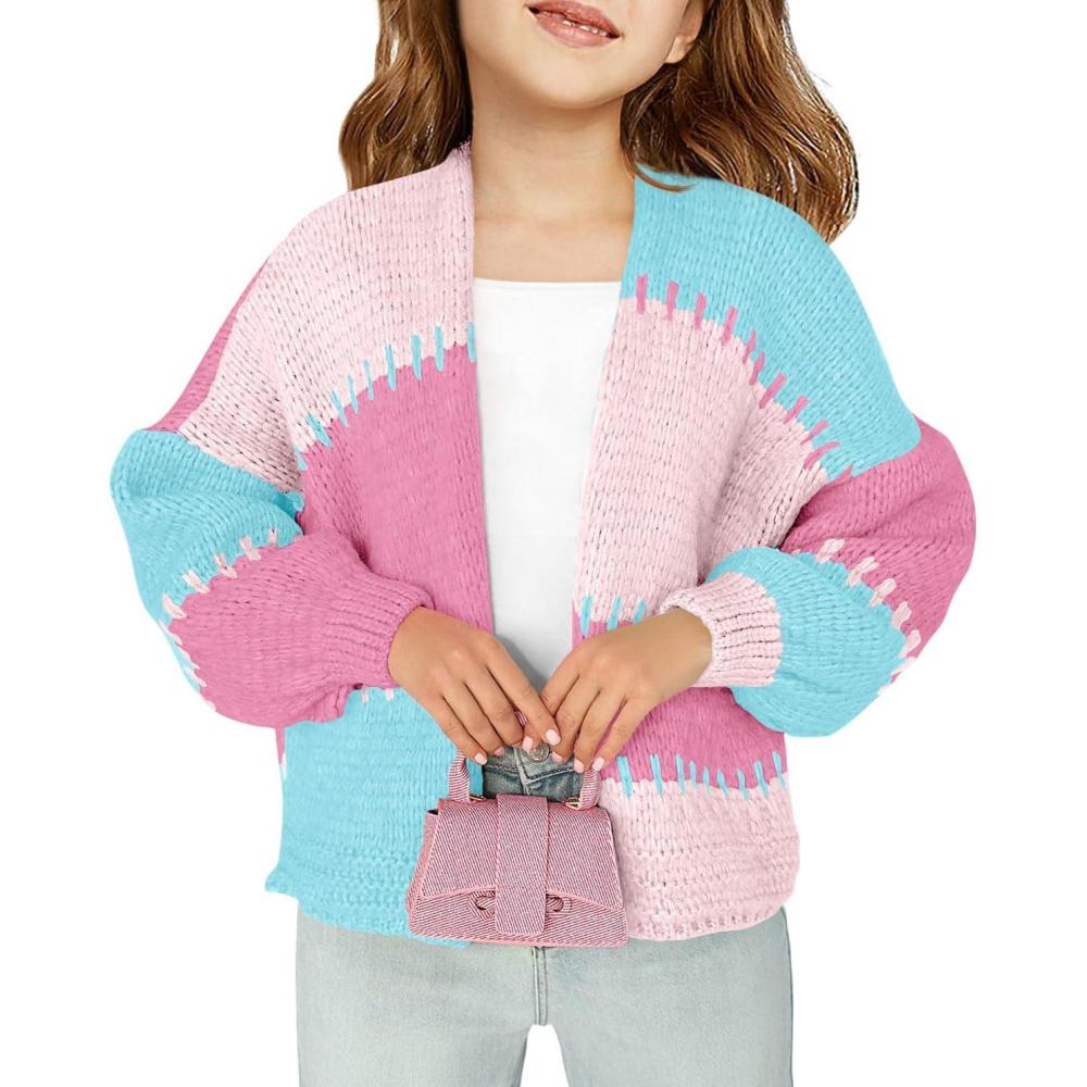 image:imageHaloumoning Girls Color Block Cardigan Sweaters Kids Chunky Open Front Knitted Sweater 514 YearsLight Pink