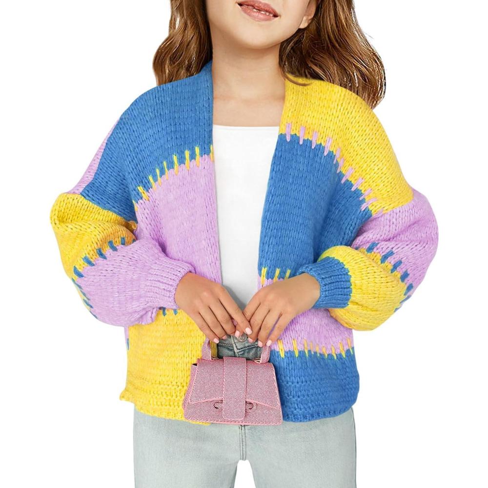 image:imageHaloumoning Girls Color Block Cardigan Sweaters Kids Chunky Open Front Knitted Sweater 514 YearsPurple