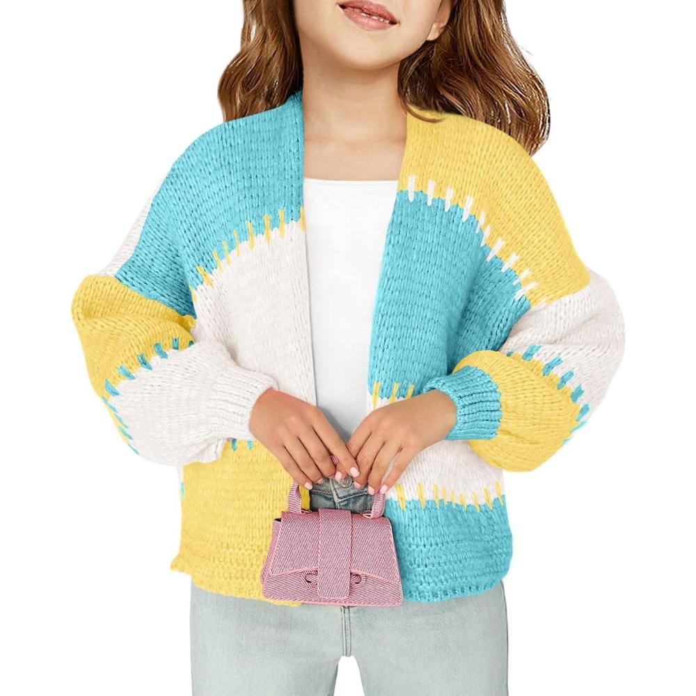 image:imageHaloumoning Girls Color Block Cardigan Sweaters Kids Chunky Open Front Knitted Sweater 514 YearsSky Blue