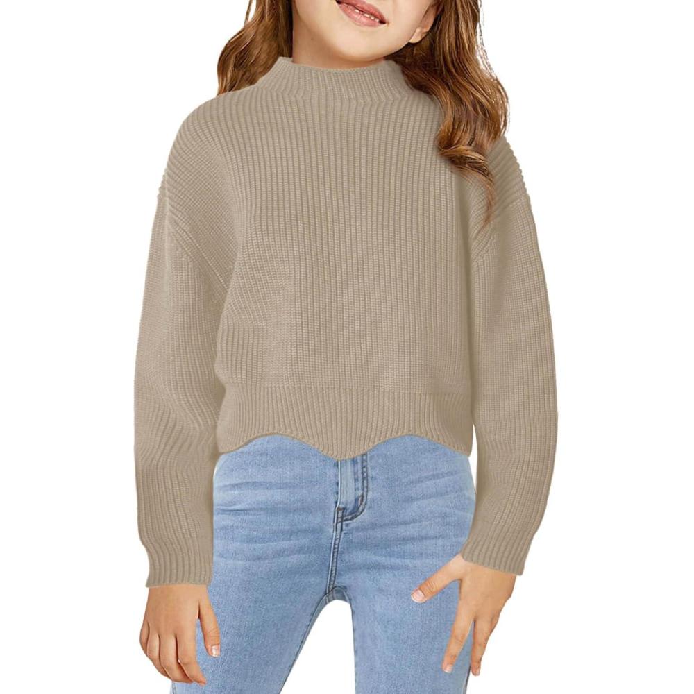 image:imageHaloumoning Girls Mock Neck Sweaters Kids Fall Fashion Long Batwing Sleeve Rib Knit Pullover Clothes 514 YearsKhaki