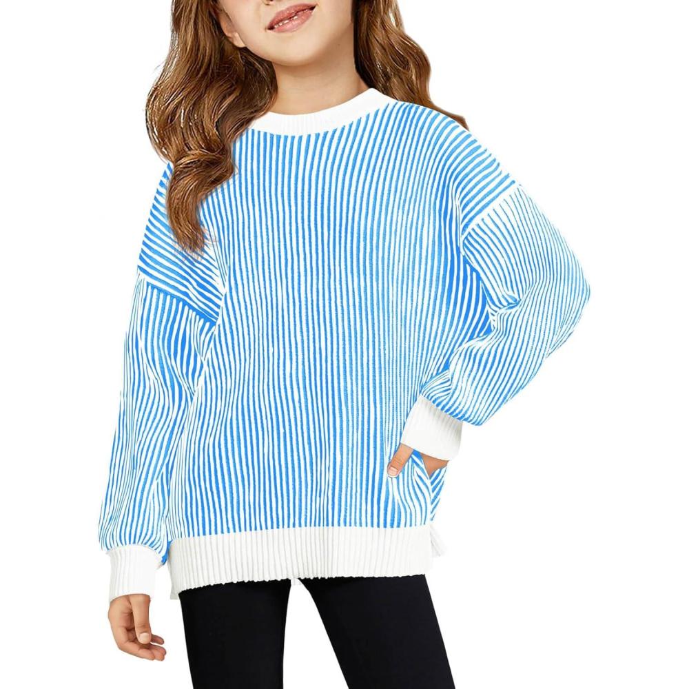 image:imageHaloumoning Girls Striped Pullover Sweaters Chenille Crew Neck Cable Knit Tops 514 YearsBlue
