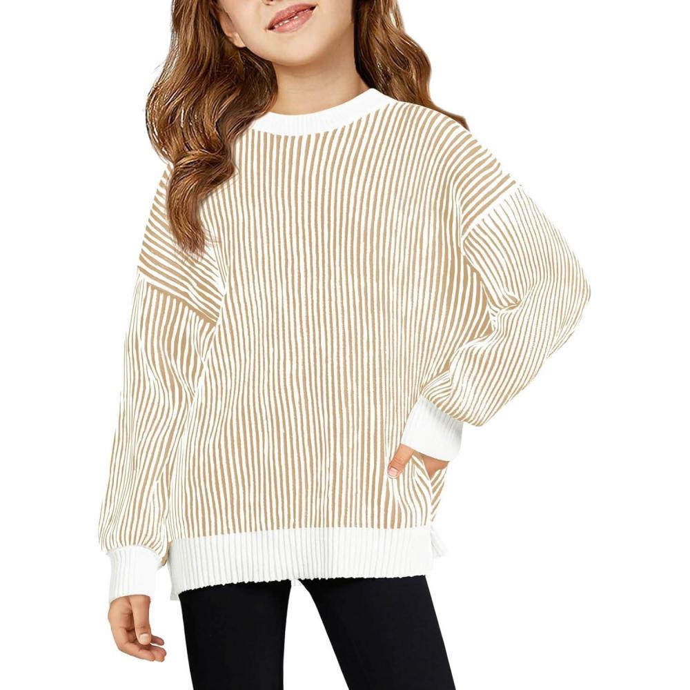 image:imageHaloumoning Girls Striped Pullover Sweaters Chenille Crew Neck Cable Knit Tops 514 YearsKhaki