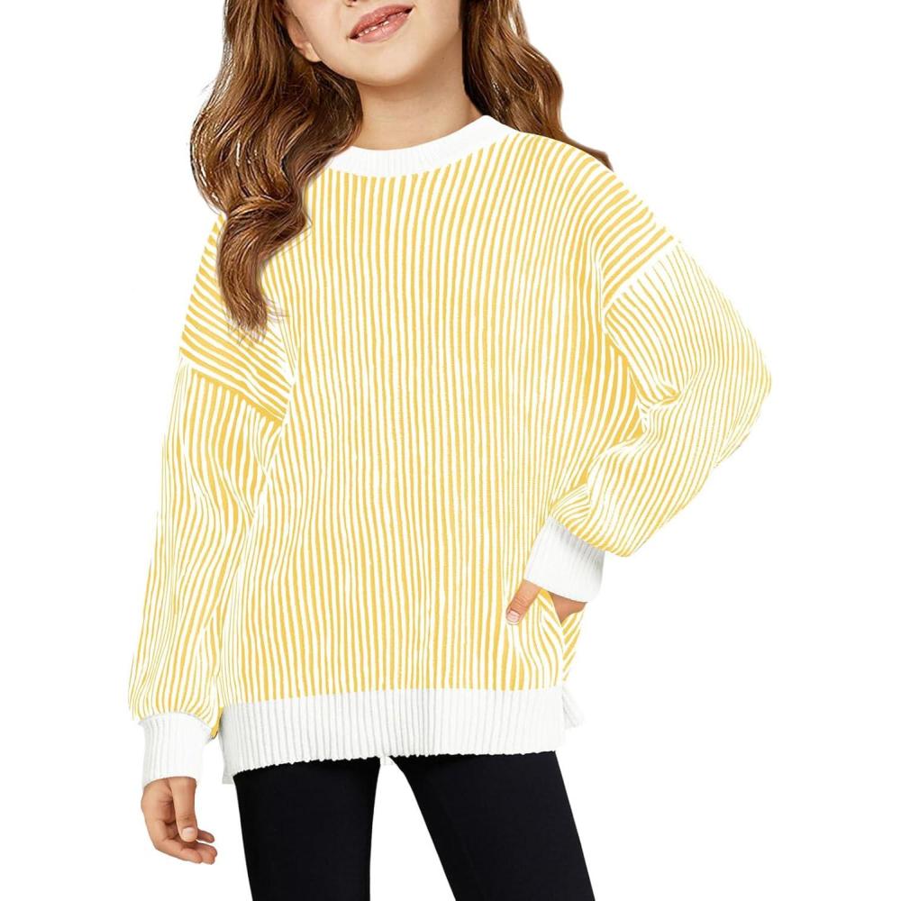 image:imageHaloumoning Girls Striped Pullover Sweaters Chenille Crew Neck Cable Knit Tops 514 YearsYellow