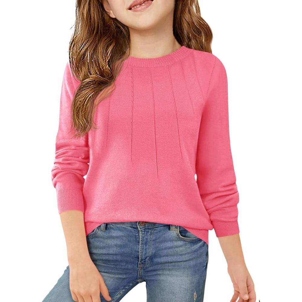 image:imageHaloumoning Girls Sweaters Kids Crewneck Long Sleeve Pleated Knit Pullover Sweater Fall Fashion Clothes 514 YearsHot Pink