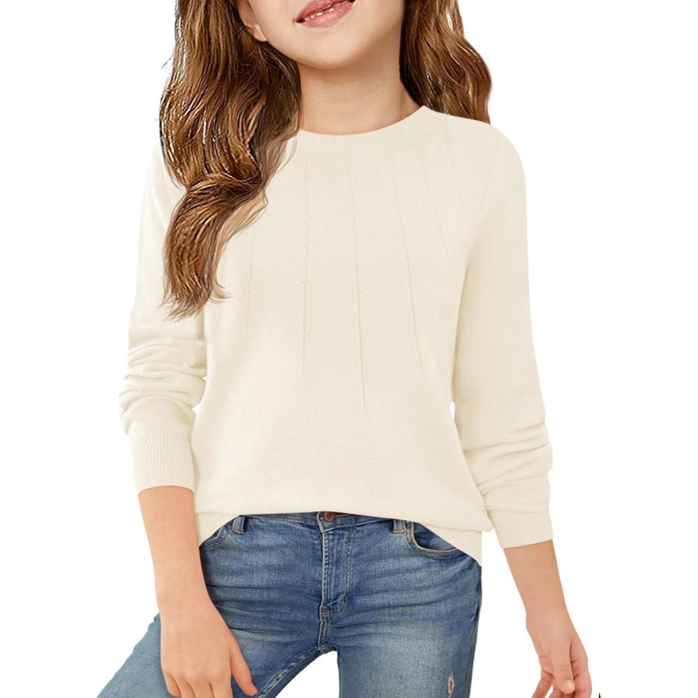 image:imageHaloumoning Girls Sweaters Kids Crewneck Long Sleeve Pleated Knit Pullover Sweater Fall Fashion Clothes 514 YearsOffwhite