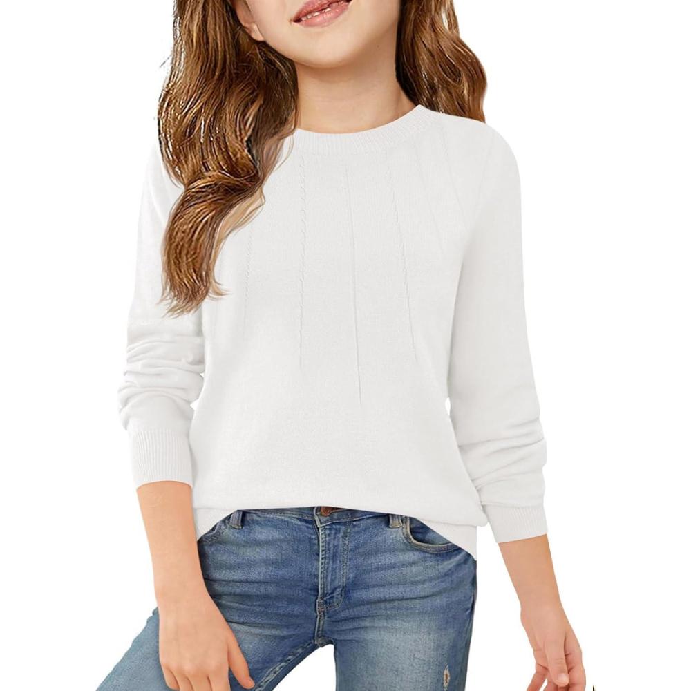 image:imageHaloumoning Girls Sweaters Kids Crewneck Long Sleeve Pleated Knit Pullover Sweater Fall Fashion Clothes 514 YearsWhite