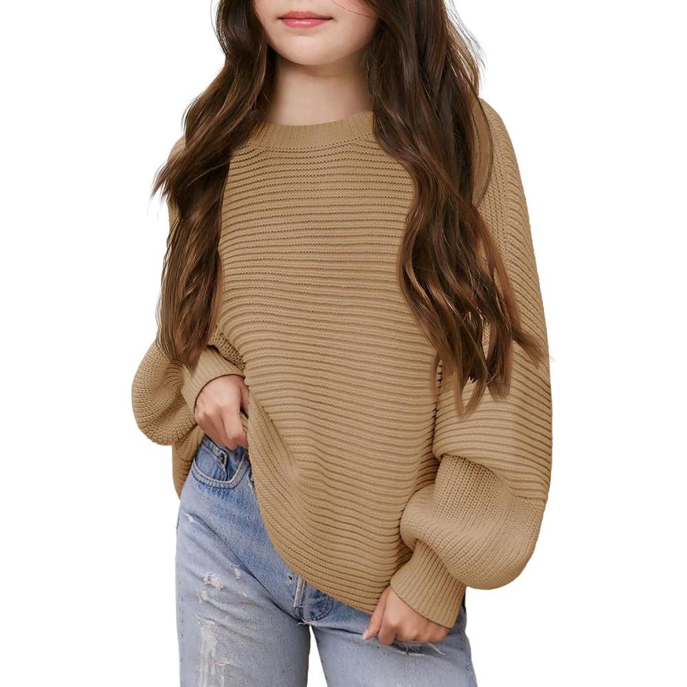 image:imageHaloumoning Girls Sweaters Long Sleeve Crewneck Pullover Jumper Cute Winter Knit Blouse Tops 714 YearsKhaki