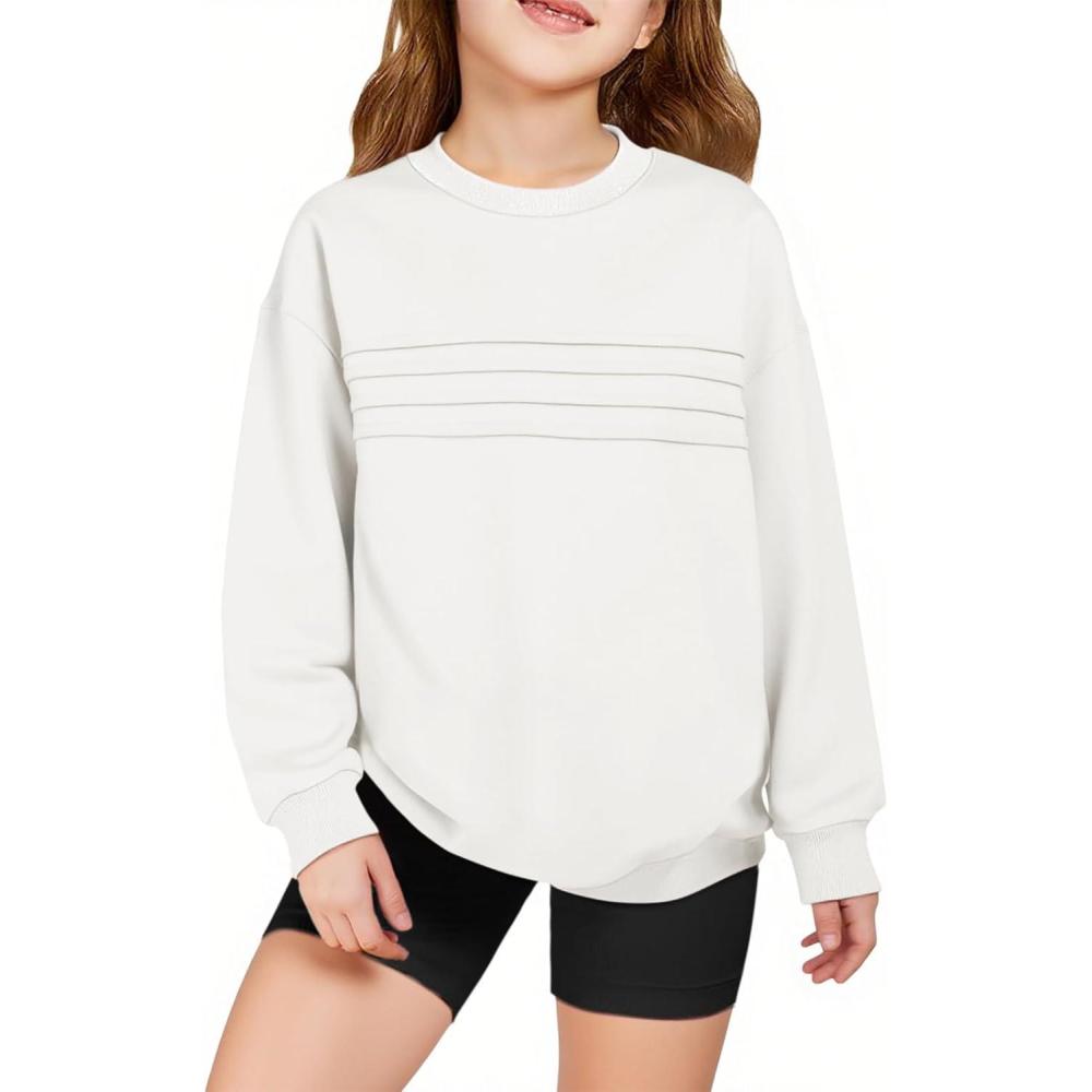 image:imageHaloumoning Kids Girls Crewneck Sweatshirt Casual Long Sleeve Pleated Front Casual Fall Pullover Tops 514 YearsWhite