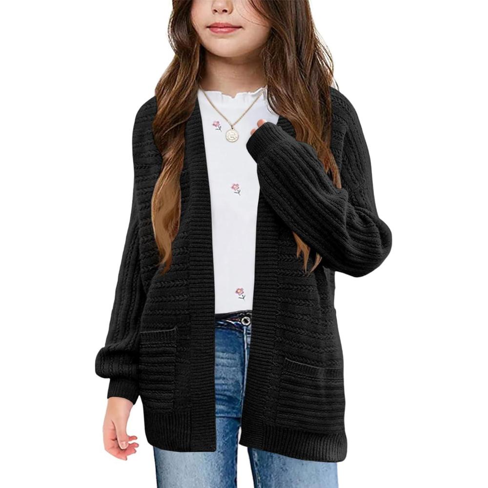 image:imageHaloumoning Kids Girls Open Front Cardigan Sweaters Long Sleeve Cable Knit Fashion Clothes with Pockets 514 YearsBlack