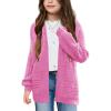 Haloumoning Kids Girls Open Front Cardigan Sweaters Long Sleeve Cable Knit Fashion Clothes with Pockets 5-14 Years(Rose Red)