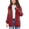 Haloumoning Kids Girls Open Front Cardigan Sweaters Long Sleeve Cable Knit Fashion Clothes with Pockets 5-14 Years(Wine Red)