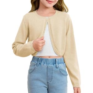 Girls Long Sleeve Bolero Cardigan Sweater Kids Cute Button Knit Shrug Cropped Sweaters Tops(Beige)
