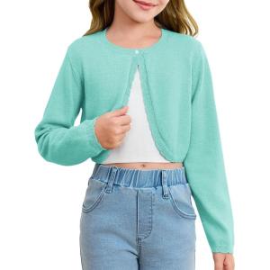 Girls Long Sleeve Bolero Cardigan Sweater Kids Cute Button Knit Shrug Cropped Sweaters Tops(Green)