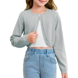 Girls Long Sleeve Bolero Cardigan Sweater Kids Cute Button Knit Shrug Cropped Sweaters Tops(Grey)